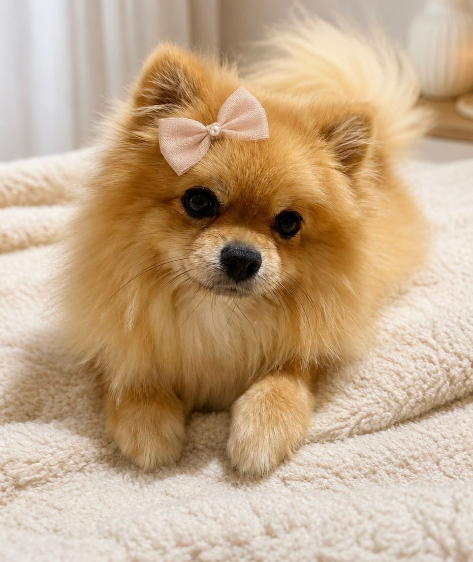 Filhote Lulu da Pomerânia laranja com lacinho rosa